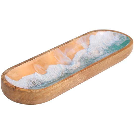 16&#x22; Brown Mango Wood Handmade Ocean-Inspired Tray with Enamel Interior